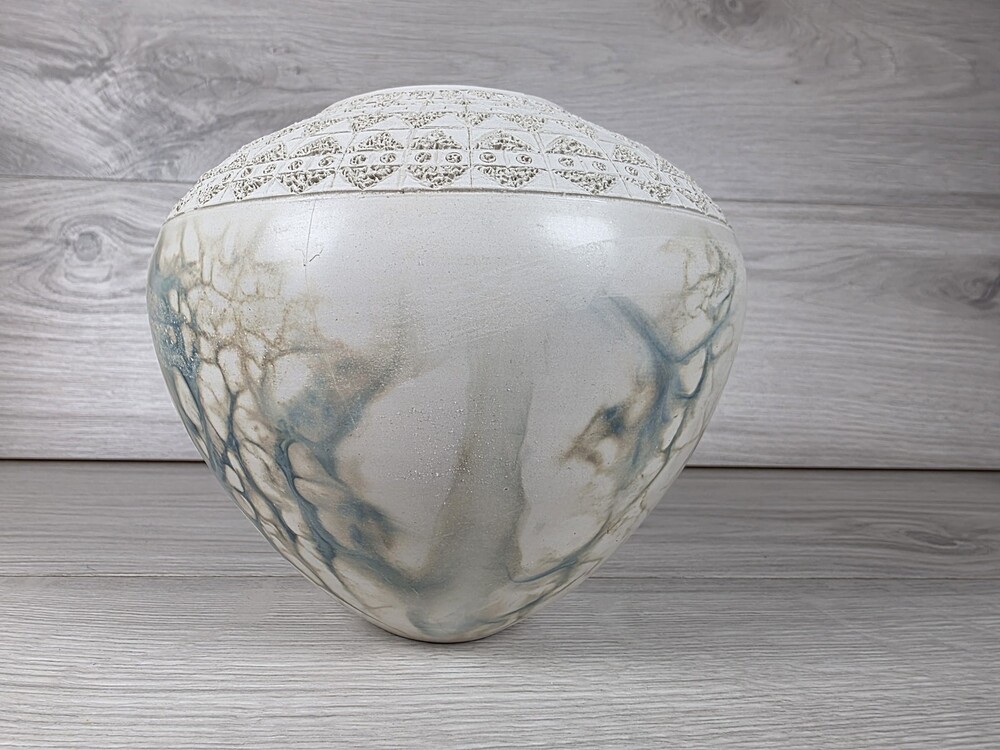 Studio Pottery Ceramic Vase with Marbled Glaze, Incised FM Mark, 8 Inches – 220